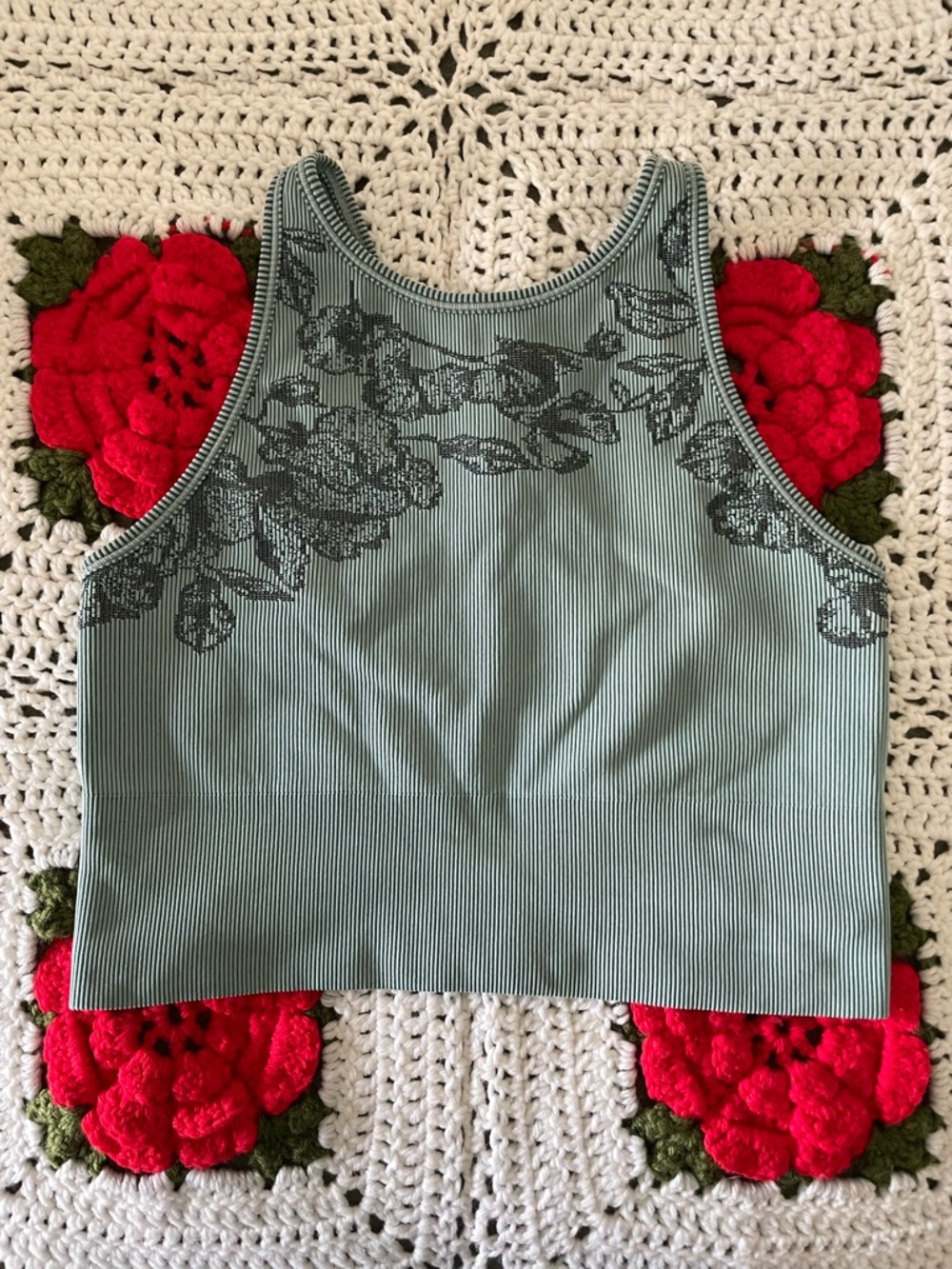 Athleta Aurora Seamless Crop Tank Sage Green Floral Ribbed